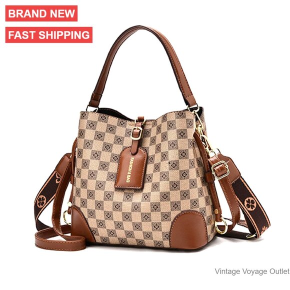 Handbags - Small PU Leather Crossbody Bucket Bag with Adjustable Strap, Multiple Pockets